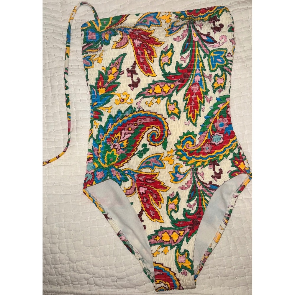 Boden Smocked One Piece Swimsuit Paisley Multi Color Bandeau Halter US 6 FLAW
